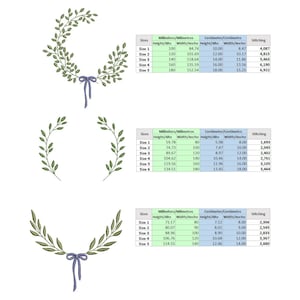 May include: Embroidery designs featuring olive branch wreaths with a purple bow. The image includes size charts in millimeters and centimeters, detailing height and width measurements, and stitching counts for each design.