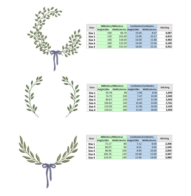 May include: Embroidery designs featuring olive branch wreaths with a purple bow. The image includes size charts in millimeters and centimeters, detailing height and width measurements, and stitching counts for each design.
