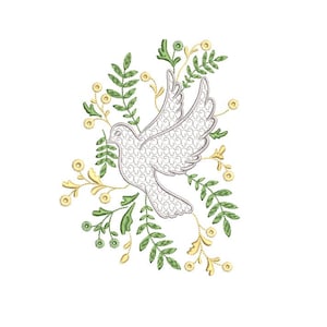Borduurontwerp duif met bladeren, borduurbestand vogel, ontwerp duif met olijftak, silhouet duif met takken.