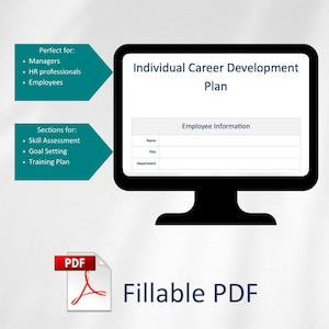 Puede incluir: Una pantalla de ordenador que muestra un documento PDF rellenable titulado "Plan de desarrollo profesional individual". El documento incluye secciones para la información del empleado, la evaluación de habilidades, el establecimiento de objetivos y el plan de formación. El documento está etiquetado como "PDF rellenable".