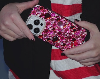 Handmade Bedazzled iPhone Case - Pink and Red Love Hearts