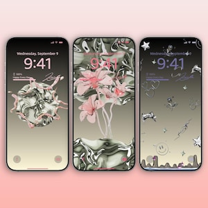 May include: Three smartphones displaying unique digital art wallpapers. Each phone shows the time as 9:41 AM on Wednesday, September 9. The wallpapers feature abstract designs in silver, pink, and gray tones, with a gradient background.