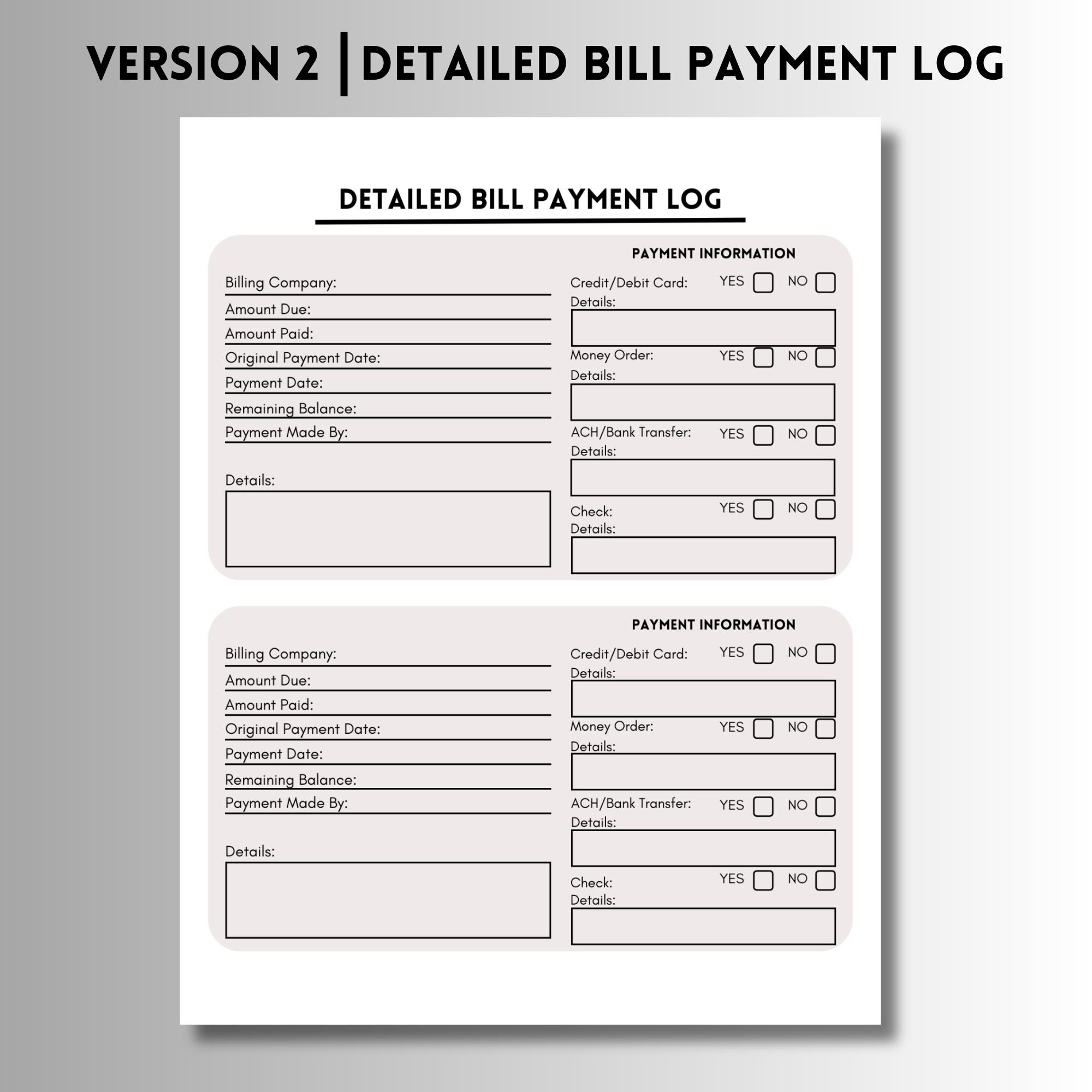 Bill Payment Log Printable &amp; Fillable, Bill Record Keeper, Bill and ...