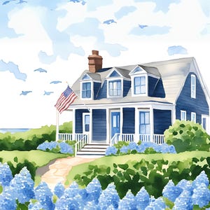 Op Nantucket geïnspireerde blauwe kustcottage aquarelprint – digitale download