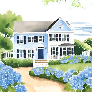 Op Nantucket geïnspireerde blauwe kustcottage aquarelprint – digitale download