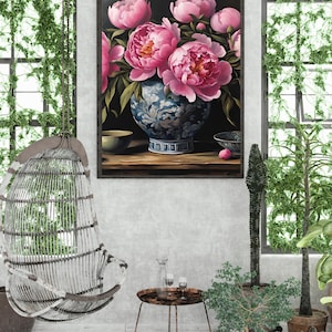 Pfingstrose Chinoiserie Print, Florale Wandkunst, Asiatisch inspiriertes Dekor, Pfingstrose Poster, Wohnkultur Geschenk, Kunstdruck für Wohnzimmer