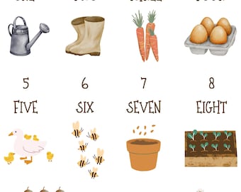 May include: A colorful illustration of numbers 1 through 10 with corresponding images. The numbers are written in brown text and the words are written in brown text. The images include a watering can, boots, carrots, eggs, a duck with ducklings, bees, a flower pot, a garden bed, acorns, and daisies.