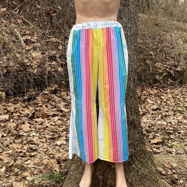 Rainbow Stripe and Cloud Flare Cotton Upcycled Vintage Pants Plus Size Bell Bottoms with Pockets HANDMADE by Knotty Mama  size Xl 1X 2X 20