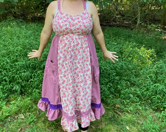 Purple and Pink Tea Rose Vintage Floral Maxi Dress HANDMADE