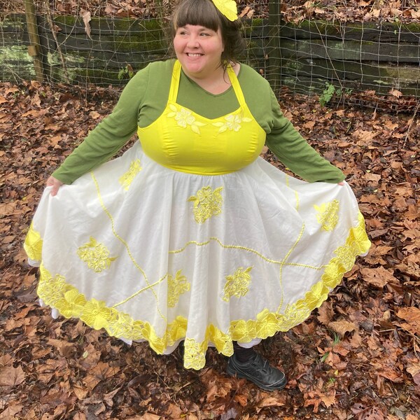 Yellow embroidered Flower Dress Festival Apron Top Hippie Dress HANDMADE KNOTTYMAMA by Renegade Seamstress UPcycled Sun Dress PLUS Size 26DD