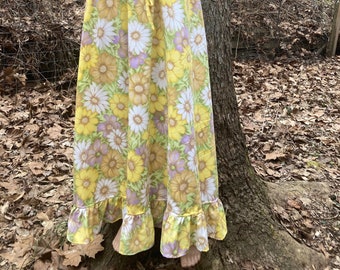 Daisy Flower Power Maxi Skirt Day Yellow and Brown Full Length PLUS Size Skirt HANDMADE by KNOTTYMAMA  2X 3X 4X Drawstring Waist and Pockets