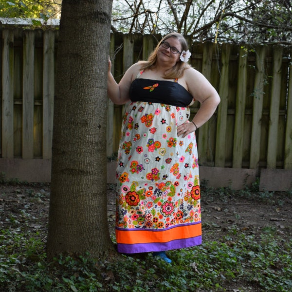 Psychedelic  Garden Dress PLUS size Sun Dress Flower Power Handmade w Vintage 70s Hippie DayGlow Dress by KnotttyMama Size 32  3X 5X dress