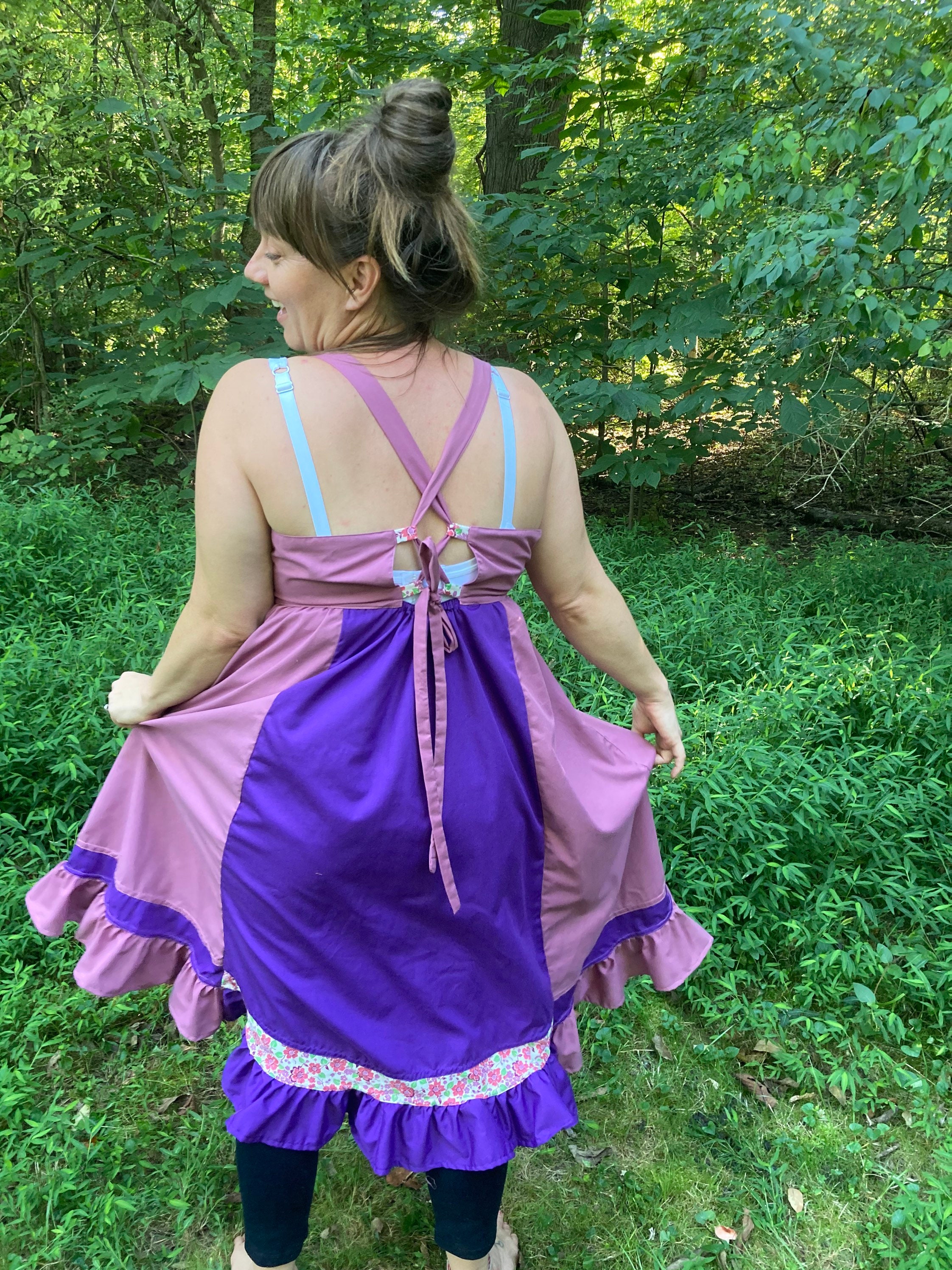 Purple and Pink Tea Rose Vintage Floral Maxi Dress HANDMADE