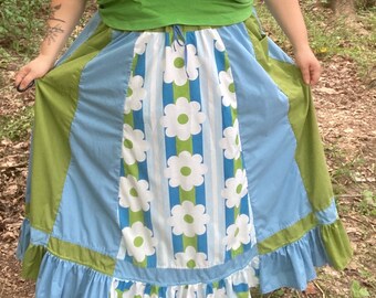 Peace Daisy Striped Flower Power Maxi Length Skirt POCKETS and ruffle Hippie Skirt Upcycled Vintage Fabrics HANDMADE by KNOTTYMAMA xl 2X 3X