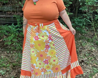 Orange Daisy Flower Power  Maxi Length Skirt POCKETS and ruffle Hippie Skirt Upcycled Vintage Fabrics HANDMADE by KNOTTYMAMA xl 2X 3X l m
