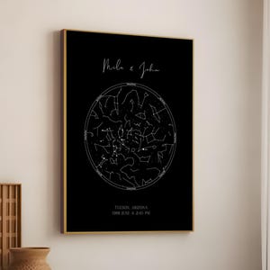 De sterren op één lijn | Aangepaste nachtelijke hemelkaart met je tekst, datum en locatie | Gepersonaliseerde ingelijste poster in zwart of wit