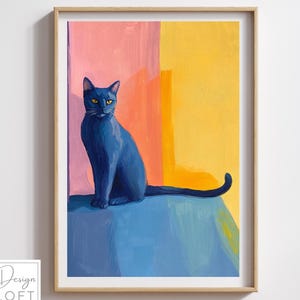 Colorful Gray Russian Blue Cat Digital Print - Cottagecore Wall Decor, Rustic Farmhouse Style, Instant Download