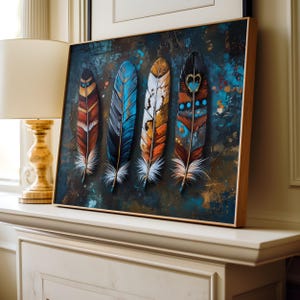 Native American-Inspired Tribal Feather Gallery Wall Art: Printable Oil Painting Nostalgic Western Inspired Decor Intricate Feathers