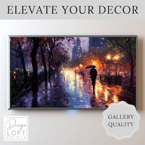 A Walk in the Rain – Romantic Rainy Day Trendy Wall Art | Textured Oil Painting Digital Print
