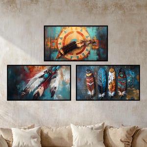 Zestaw 3 | Inspirowana Indianami Ameryki Północnej południowo-zachodnia, plemienna galeria piór ściennych: Wydrukowana dekoracja inspirowana stylem zachodnim