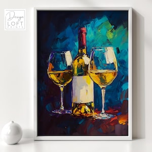 Levendige getextureerde olieverfschilderij: wijnglaskunstwerk voor bar, keuken, woondecoratie - digitale download