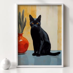 Original Handpainted Black Cat Art Print, Digital Download | Neutral Aesthetic Decor