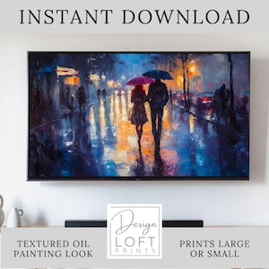 A Walk in the Rain – Romantic Rainy Day Trendy Wall Art | Textured Oil Painting Digital Print