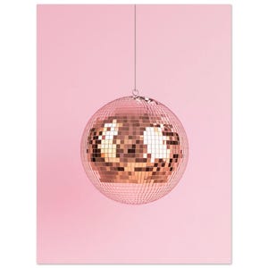 Rose Gold Disco Ball Print, Chic Wall Art with Pink Background, Maximalist, Minimalist, Gallery Wall Statement Piece