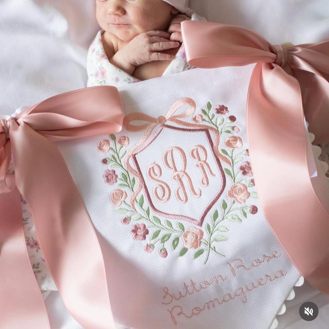 Custom Baby Banner With Rose and Floral Crest, White Cotton Pique Wall ...