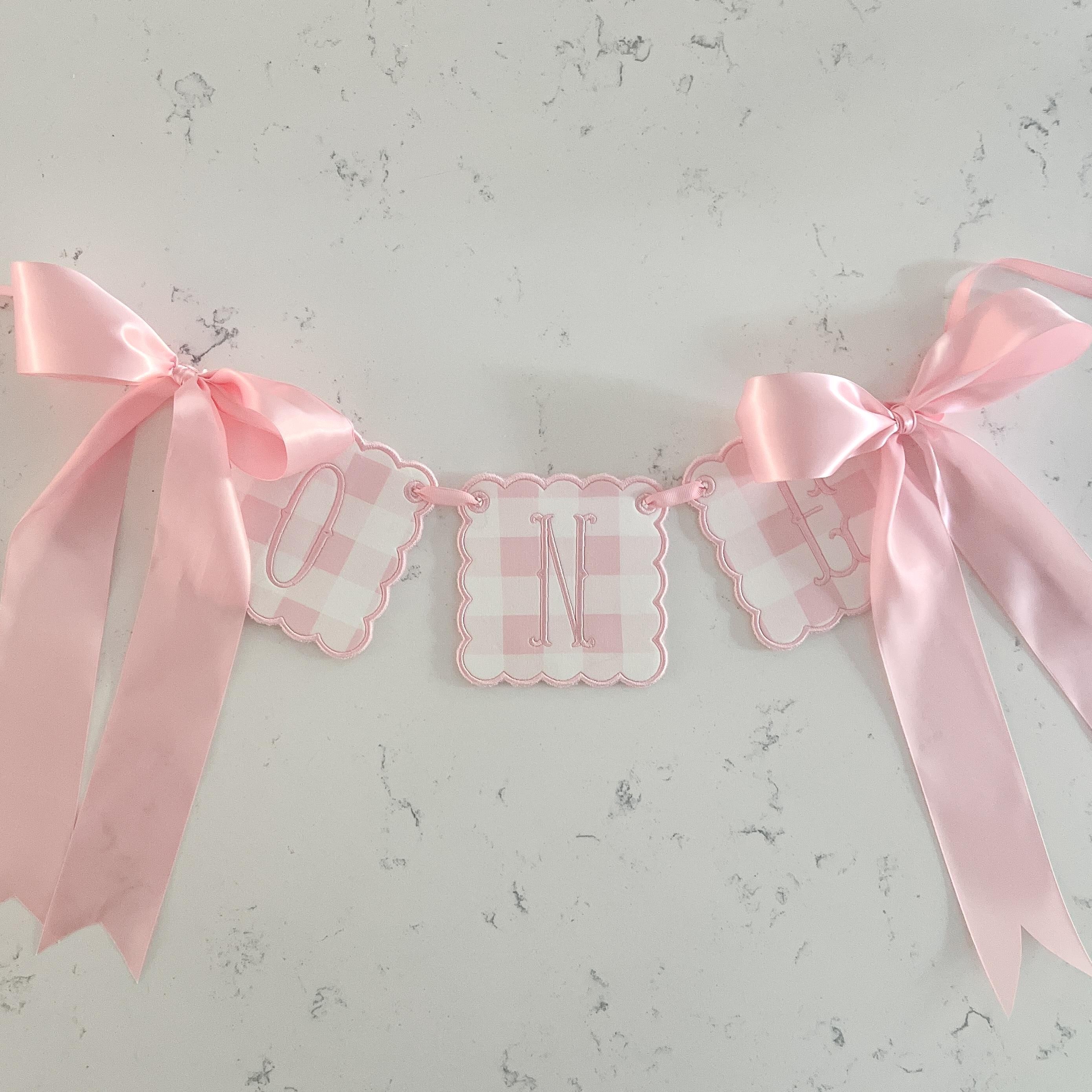 Pink Gingham ONE Highchair Banner, First Birthday Decoration, Girls ...