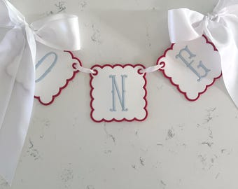 Embroidered Red, White & Blue “ONE” Highchair Banner – All American 1st Birthday Decor, Custom Highchair Banner