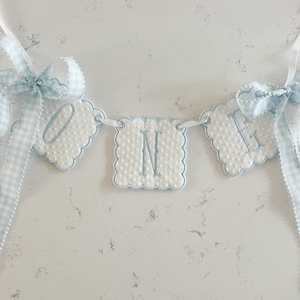 Blue Swiss Dot &quot;ONE&quot; Birthday Banner, Boys Birthday Banner, Highchair Banner for First Birthday