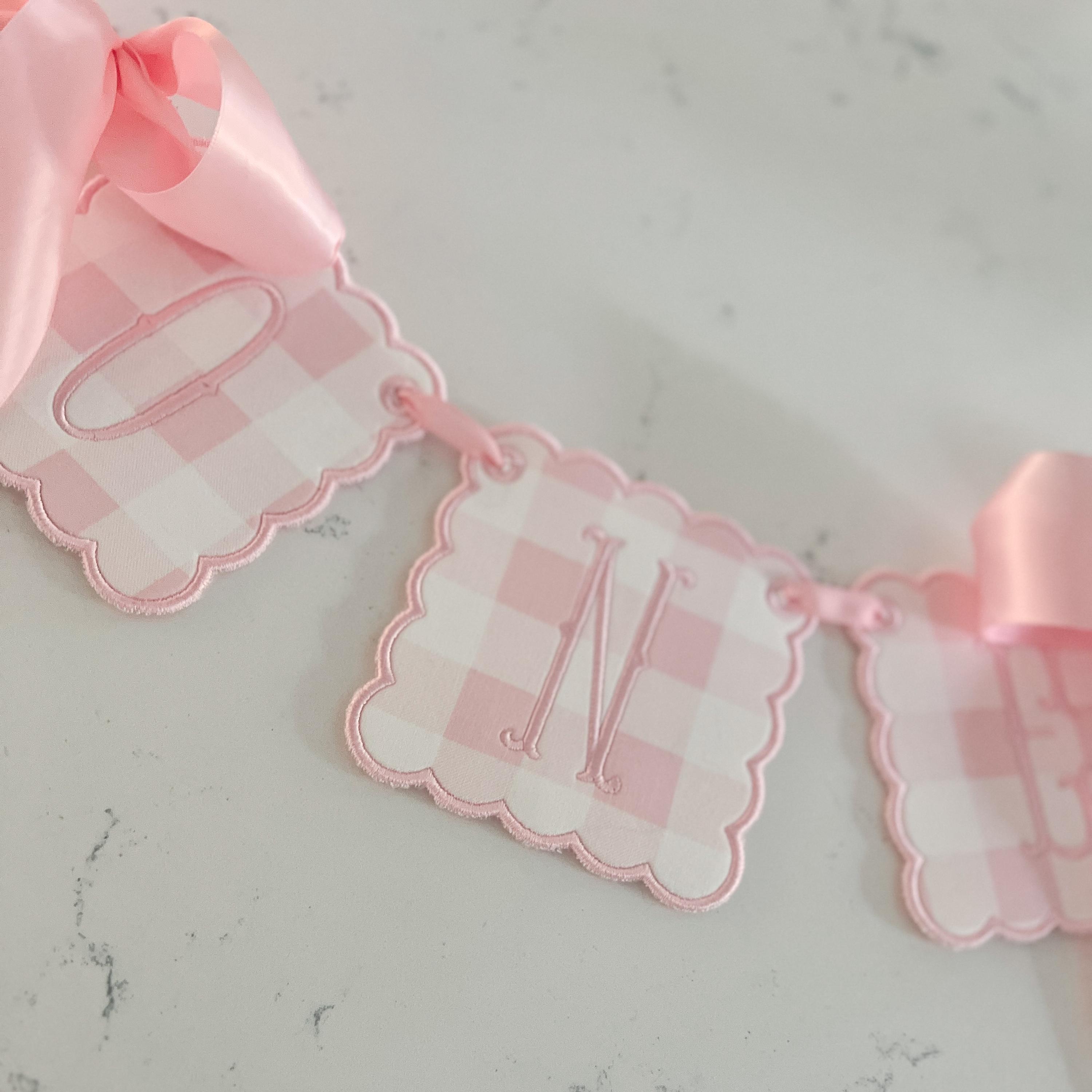 Pink Gingham ONE Highchair Banner, First Birthday Decoration, Girls ...