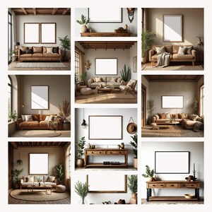 10 Wall Art Mockup Bundle | Neutral Boho Living Room and Console Table Canva Drag-and-Drop PNG Templates