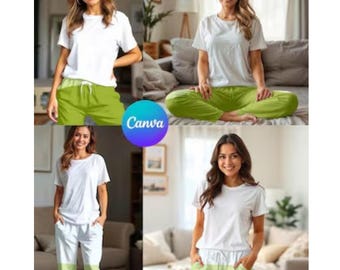 4x Pajama Pants POD Mockup design PNGs | Easy Canva Drag-and-Drop PNG Template with easy instructions