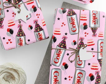Cola Geschenkpapier | Lustiges Geschenkpapier zum Geburtstag | Diet Coke Soda Dosen Geschenkverpackung |Diet Coke Liebhaber Geschenk|Rosa Geschenkpapier