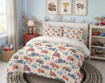 Cars Bedding Set, Lightning McQueen Quilt Cover with Sheet, Toddler Duvet Cover Bedding, Kids Bedroom, Disney Home Decor, Gift for Boys