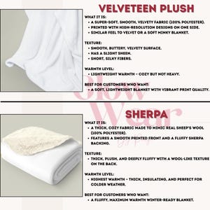K&ouml;nnte beinhalten: Eine Vergleichstabelle mit zwei Deckenarten: eine wei&szlig;e Velours-Pl&uuml;schdecke mit glatter, seidiger Oberfl&auml;che und eine wei&szlig;e Sherpa-Decke mit dicker, flauschiger, wolleartiger R&uuml;ckseite. Der Text beschreibt die Materialzusammensetzung und Textur.