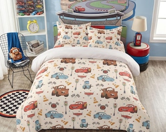 Cars Bedding Set, Lightning McQueen Duvet Cover with Sheet, Toddler Quilt Cover, Kids Bedroom, Disney Home Decor, Gift for Boys