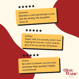 K&ouml;nnte beinhalten: Bild mit Kundenbewertungen f&uuml;r eine Decke. Die Bewertungen sind in gelben K&auml;sten mit schwarzen R&auml;ndern und Sternenbewertungen. Der Hintergrund ist eine Mischung aus Rot- und Cremefarben. Das Glow Wear-Logo befindet sich unten rechts.
