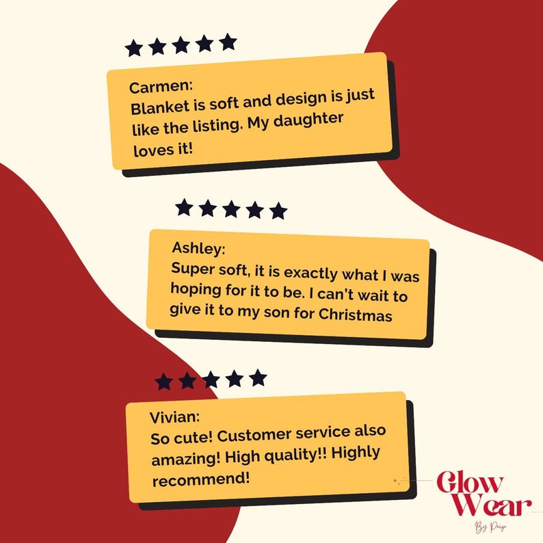 K&ouml;nnte beinhalten: Bild mit Kundenbewertungen f&uuml;r eine Decke. Die Bewertungen sind in gelben K&auml;sten mit schwarzen R&auml;ndern und Sternenbewertungen. Der Hintergrund ist eine Mischung aus Rot- und Cremefarben. Das Glow Wear-Logo befindet sich unten rechts.