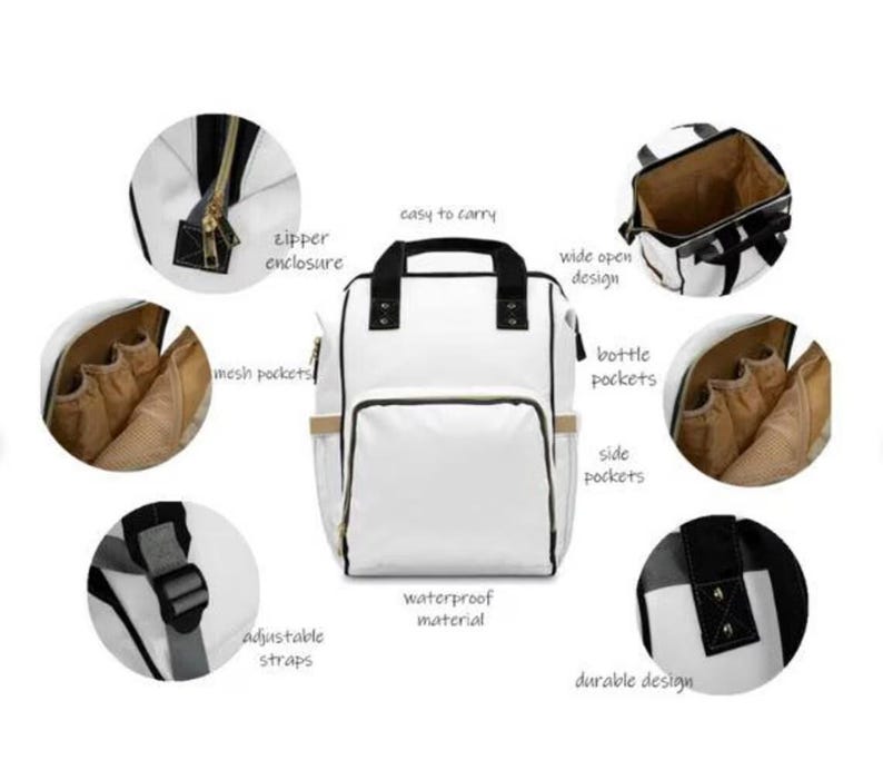 Peut inclure: Un sac &agrave; dos blanc avec des bordures noires, dot&eacute; d'une poche frontale zipp&eacute;e, de poign&eacute;es sup&eacute;rieures et de bretelles r&eacute;glables. Des encarts circulaires montrent une fermeture &eacute;clair, une large ouverture, des poches en filet et lat&eacute;rales.