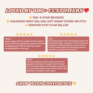 Puede incluir: Una pantalla gr&aacute;fica con el texto LOVED BY 600+ CUSTOMERS, 100+ 5-STAR REVIEWS, AWARDED BEST-SELLING GIFT WRAP STORE ON ETSY, VERIFIED ETSY STAR SELLER y SHOP WITH CONFIDENCE. Incluye tres rese&ntilde;as de clientes con calificaciones de cinco estrellas.