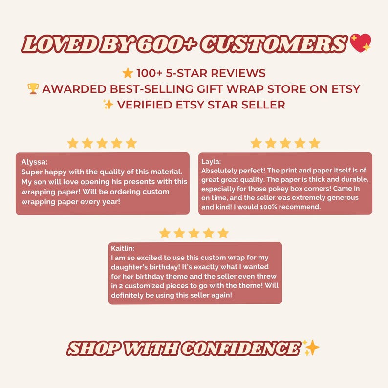 Puede incluir: Una pantalla gr&aacute;fica con el texto LOVED BY 600+ CUSTOMERS, 100+ 5-STAR REVIEWS, AWARDED BEST-SELLING GIFT WRAP STORE ON ETSY, VERIFIED ETSY STAR SELLER y SHOP WITH CONFIDENCE. Incluye tres rese&ntilde;as de clientes con calificaciones de cinco estrellas.