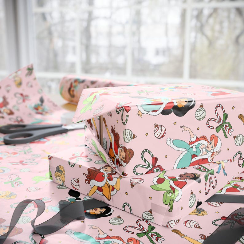 Rollo de papel de regalo navideño de princesas Disney para niñas / Papel de regalo navideño para niños / Envoltorio de Navidad para niñas imagen 7