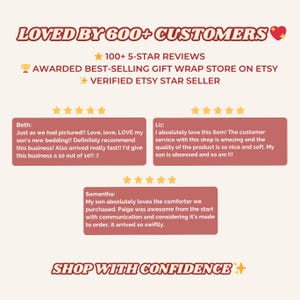 Puede incluir: Imagen con texto: "AMADO POR M&Aacute;S DE 600 CLIENTES" y rese&ntilde;as de clientes. El texto tambi&eacute;n incluye "100+ RESE&Ntilde;AS DE 5 ESTRELLAS", "TIENDA DE ENVOLTORIOS DE REGALOS M&Aacute;S VENDIDA EN ETSY" y "VENDEDOR ESTRELLA VERIFICADO DE ETSY".