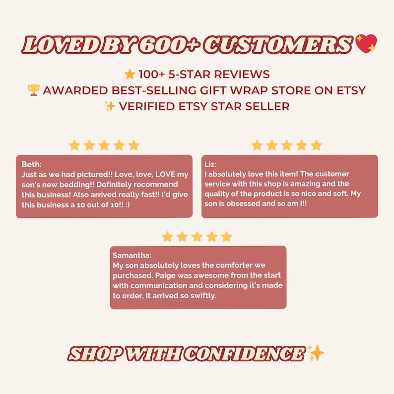 May include: Image with text: "LOVED BY 600+ CUSTOMERS" and customer reviews. Text also includes "100+ 5-STAR REVIEWS", "AWARDED BEST-SELLING GIFT WRAP STORE ON ETSY", and "VERIFIED ETSY STAR SELLER".