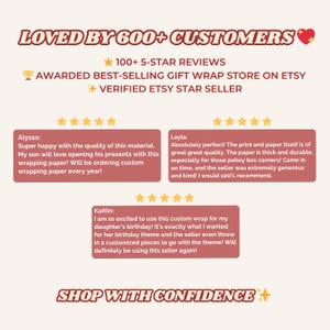 Op de afbeelding: Een grafische weergave met de tekst LOVED BY 600+ CUSTOMERS, 100+ 5-STAR REVIEWS, AWARDED BEST-SELLING GIFT WRAP STORE ON ETSY, VERIFIED ETSY STAR SELLER en SHOP WITH CONFIDENCE. Bevat drie klantbeoordelingen met vijf sterren.