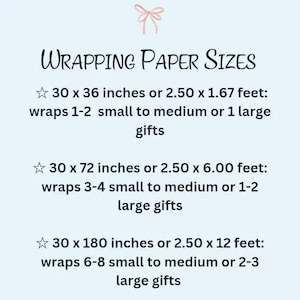 May include: A light blue informational chart titled Wrapping Paper Sizes with a pink bow icon. It lists three options: 30 x 36 inches for 1-2 small to medium or 1 large gift, 30 x 72 inches for 3-4 small to medium or 1-2 large gifts, and 30 x 180 inches.