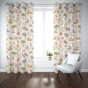 May include: Window curtains with a Winnie the Pooh design. The beige curtains display a repeating pattern of Winnie the Pooh, Piglet, Eeyore, and Tigger in a forest scene with trees, balloons, and flowers. The curtains are hung in front of a window.
